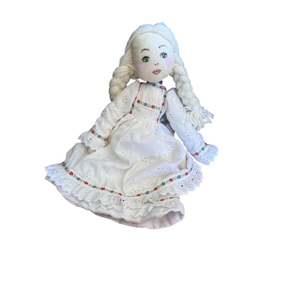 Handmade Cloth Angel Doll White Eyelet Lace Dress Yarn Braids Silver Wings 16"